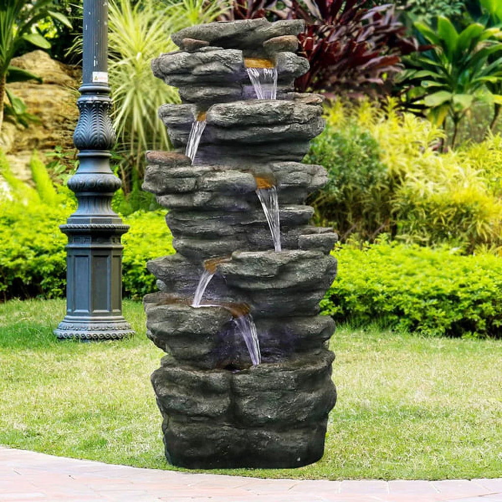 Fithood 40inches High Rocks Outdoor Cascading Waterfall with LED Lights, Soothing Tranquility for Home Garden, Yard Decor