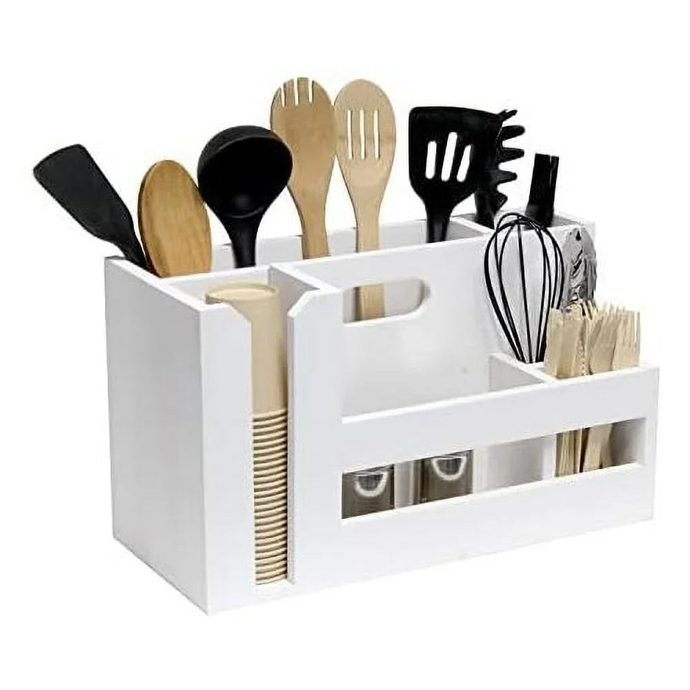 Pantry Picks Farmhouse Wooden Flatware & Utensils Caddy Condiment Organizer W Cutout Handle & Compartments For Kitchen Décor Countertop Breakfast BBQ Events Picnic, Wht Wash
