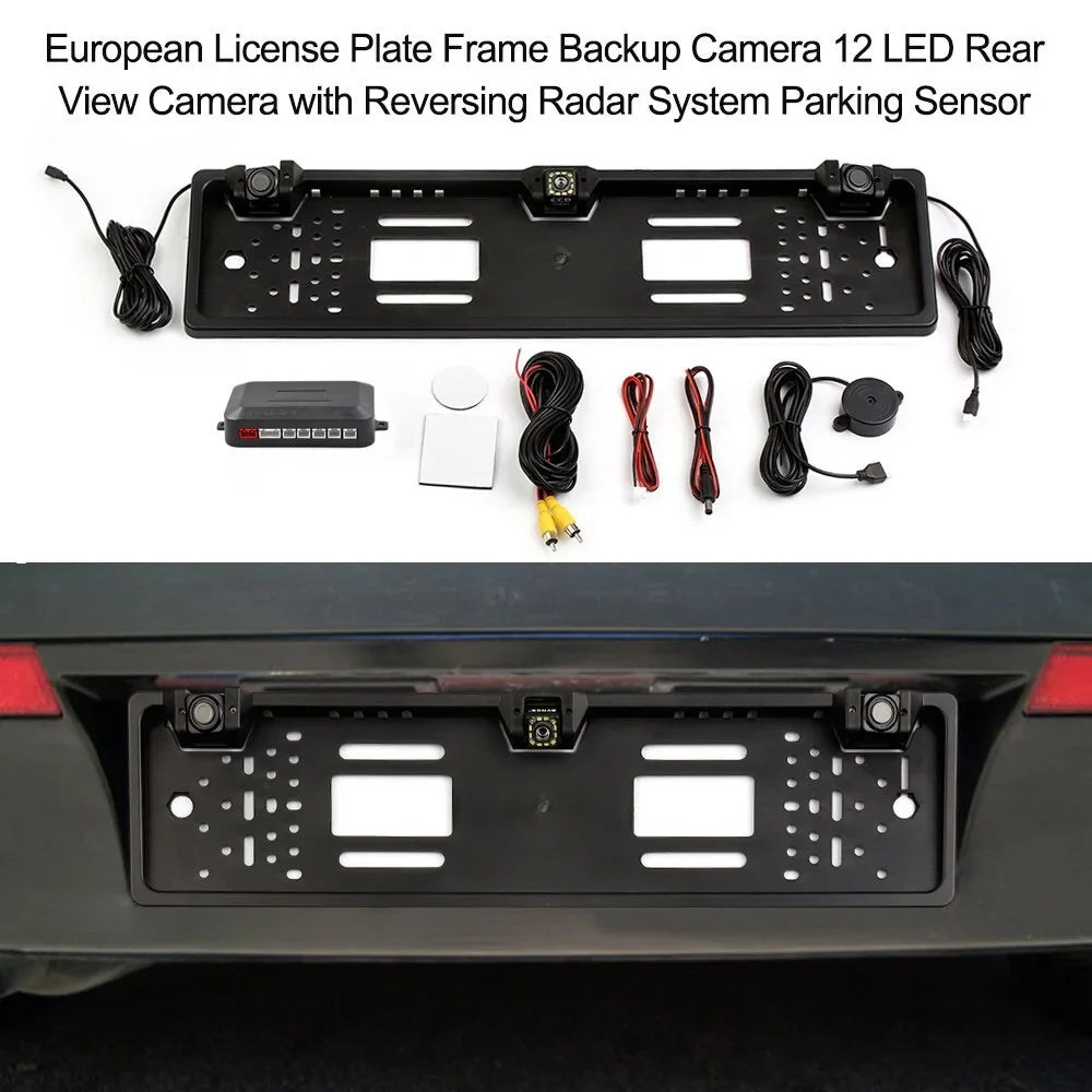 Nebublu Car Backup Camera, European License Plate Frame, 12 LED Rear View Camera, Reversing System, Parking Sensor