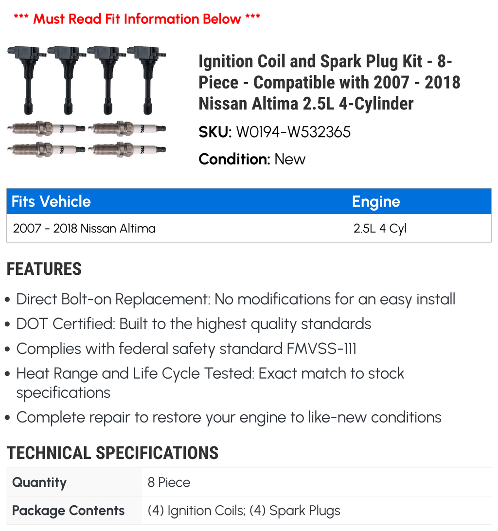 Ignition Coil and Spark Plug Kit - 8-Piece - Compatible with 2007 - 2018 Nissan Altima 2.5L 4-Cylinder 2008 2009 2010 2011 2012 2013 2014 2015 2016 2017