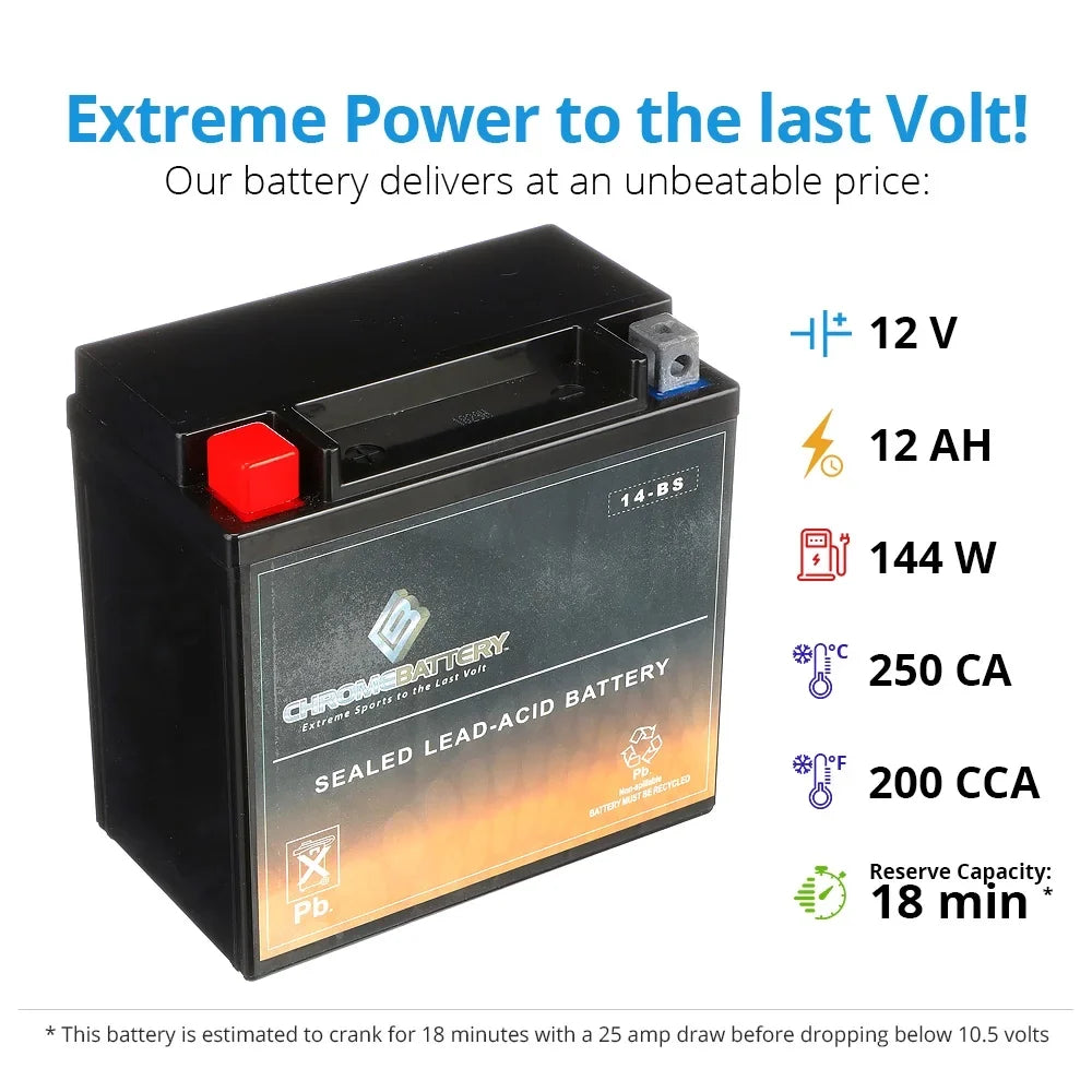 Chrome Battery Ytx14-bs (14-bs 12 Volts,12 Ah, 200 Cca) Motorcycle Battery for Honda Vt1100c, C3, T Shadow (spirit, Aero, A. C. E. Tourer) 1100cc, Years (2001 - 2007)