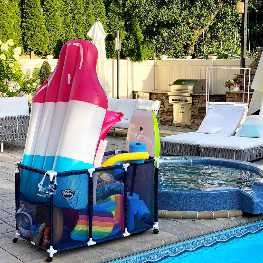 Pool Noodles Holder, Toys, Balls and Floats Equipment Mesh Rolling Storage Organizer Bin, Kids Height, Large, (43" W x 25" L x 28" H), Blue / White Style 563009