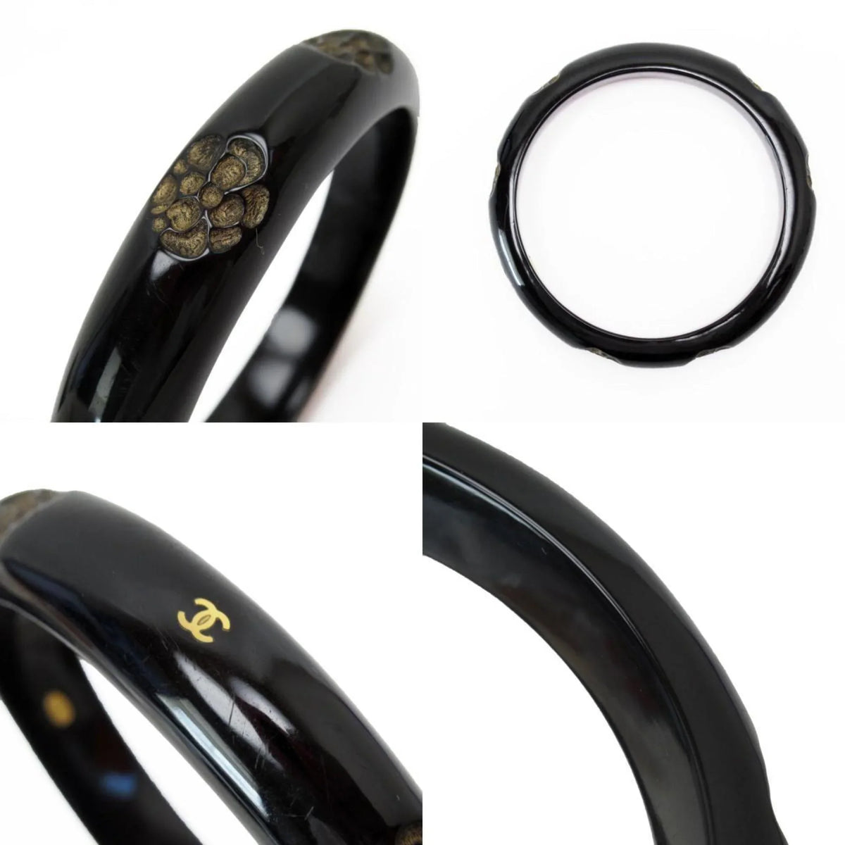 Pre-Owned CHANEL Bangle Bracelet Camellia Coco Mark Wood Black/Beige Women's (Good)