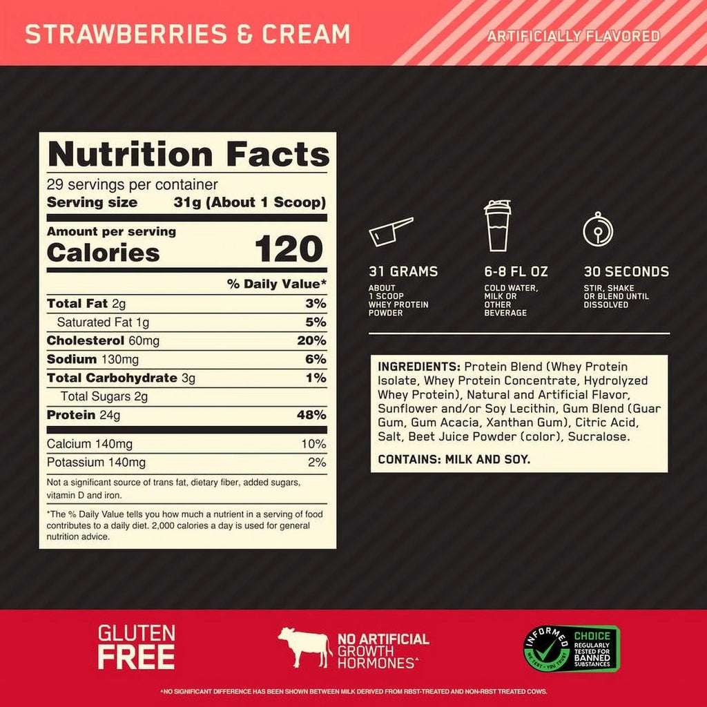 Optimum Nutrition, Gold Standard 100% Whey Protein Powder, 24 g Protein, Strawberries & Cream, 1.98 lb, 29 Servings