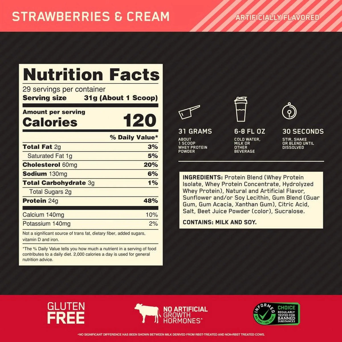 Optimum Nutrition, Gold Standard 100% Whey Protein Powder, 24 g Protein, Strawberries & Cream, 1.98 lb, 29 Servings