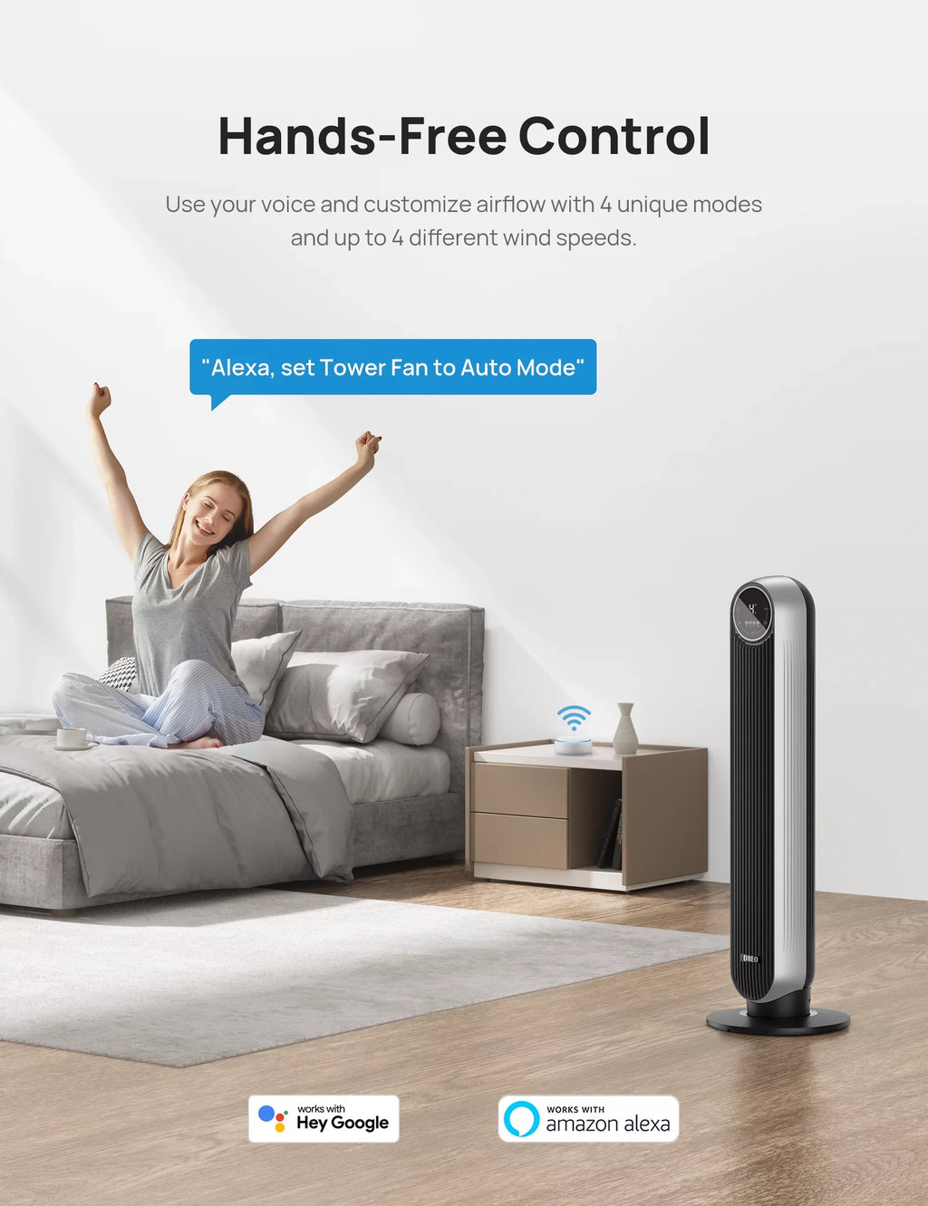 Dreo Tower Fan for Bedroom, Smart Oscillating Quiet Floor Fans, Standing Bladeless Fan with Remote and WiFi Voice Control, 4 Modes, 4 Speeds, 8H Timer, Works with Alexa/Google