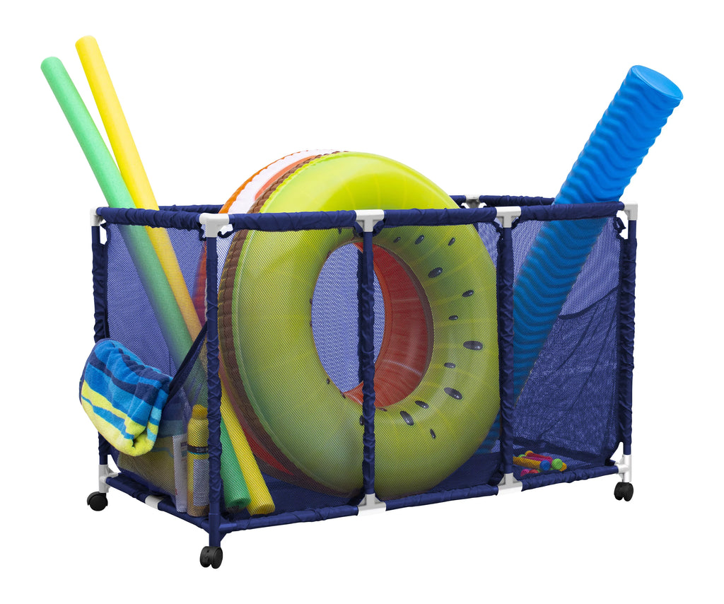 Pool Noodles Holder, Toys, Balls and Floats Equipment Mesh Rolling Storage Organizer Bin, Kids Height, Large, (43" W x 25" L x 28" H), Blue / White Style 563009