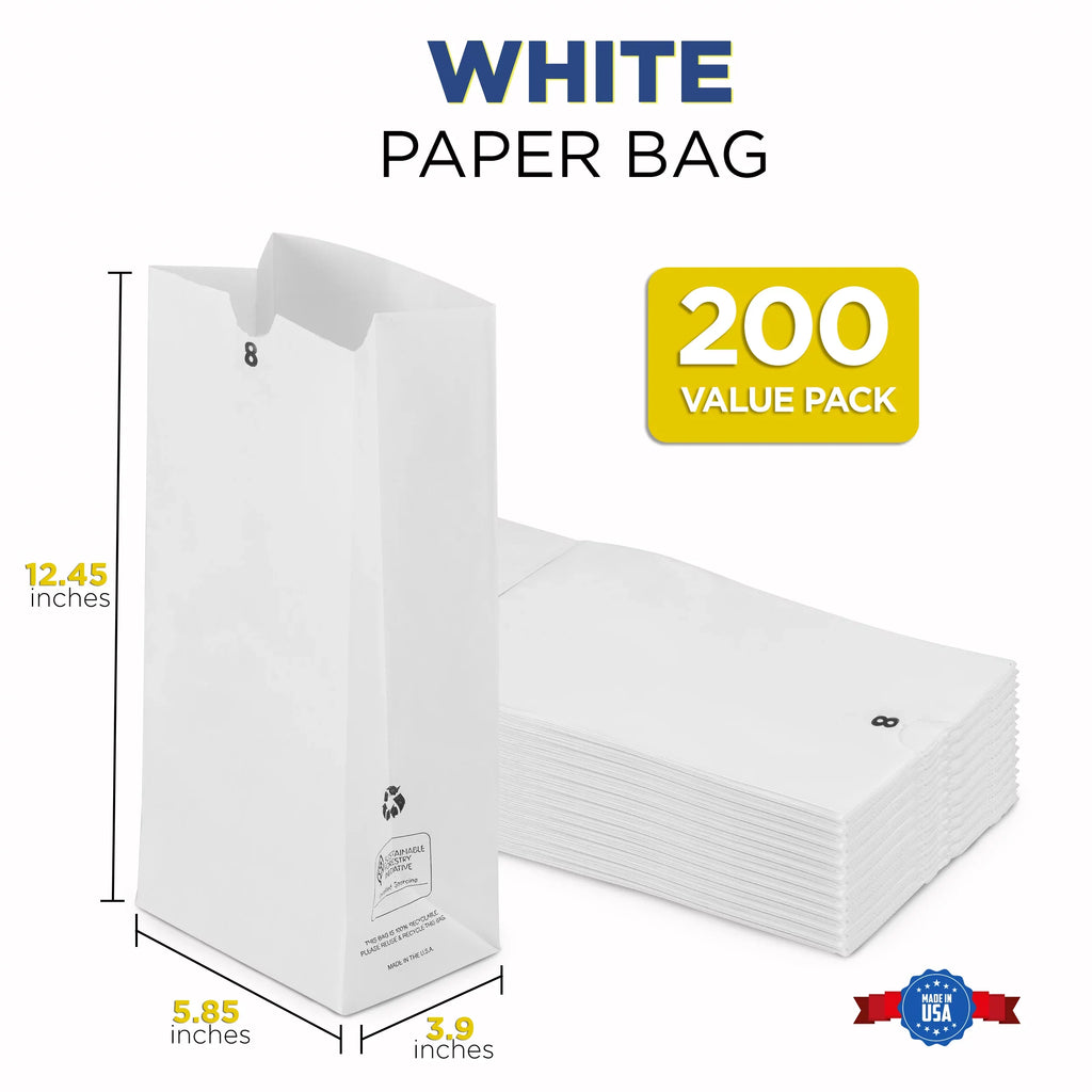 [200 Pack] 8 LB 12.44 x 6.13 x 4.13" White Paper Bags Grocery Lunch Retail Shopping Durable Barrel Sack