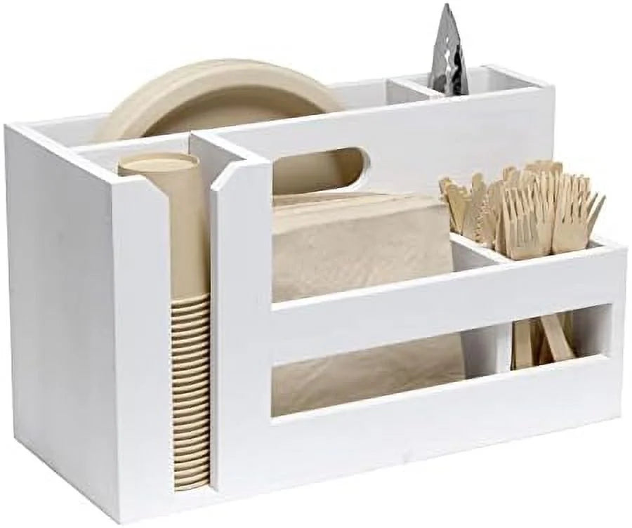 Pantry Picks Farmhouse Wooden Flatware & Utensils Caddy Condiment Organizer W Cutout Handle & Compartments For Kitchen Décor Countertop Breakfast BBQ Events Picnic, Wht Wash
