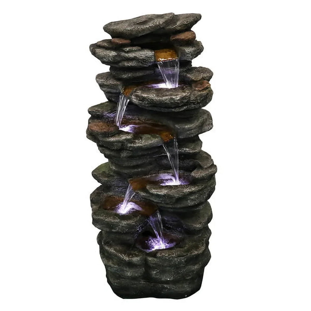 Fithood 40inches High Rocks Outdoor Cascading Waterfall with LED Lights, Soothing Tranquility for Home Garden, Yard Decor