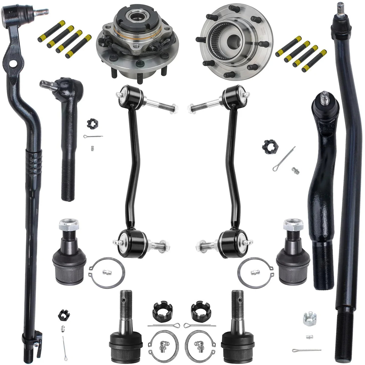 Detroit Axle - Front 12pc Suspension Kit for 4WD 00-04 Ford F-250 F-350 Super Duty, 2 Rim Bearing Hubs 4 Ball Joints 4 Tie Rods 2 Sway Bars 2000 2001 2002 2003 2004 Replacement