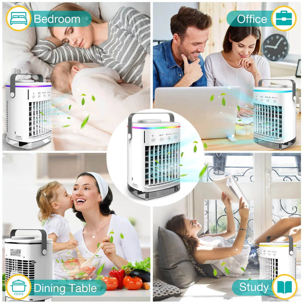 Hiroke Portable Air Conditioners Fan Desktop Air Cooler with 4-Speed Personal Mini Air Conditioner 7 Night Light & 2-8H Timer Desk Spray Fan for Home Office Camping