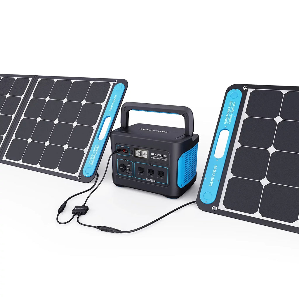 Geneverse 1002Wh (1x2) Solar Generator Bundle: 1X HomePower ONE Portable Power Station (3X 1000W AC Outlets) + 2X 100W Solar Panels. Quiet, Indoor-Safe Backup Battery Power Generator For Home Devices