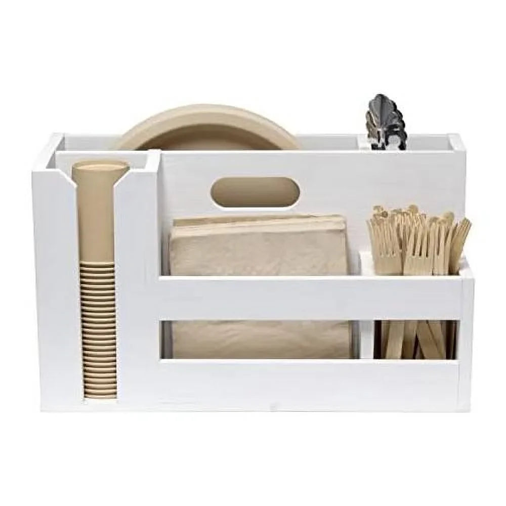 Pantry Picks Farmhouse Wooden Flatware & Utensils Caddy Condiment Organizer W Cutout Handle & Compartments For Kitchen Décor Countertop Breakfast BBQ Events Picnic, Wht Wash