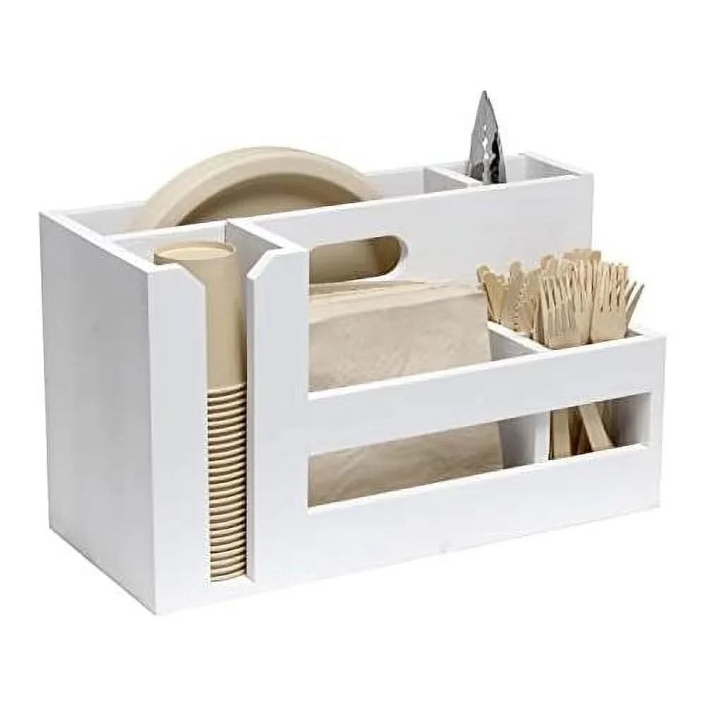 Pantry Picks Farmhouse Wooden Flatware & Utensils Caddy Condiment Organizer W Cutout Handle & Compartments For Kitchen Décor Countertop Breakfast BBQ Events Picnic, Wht Wash